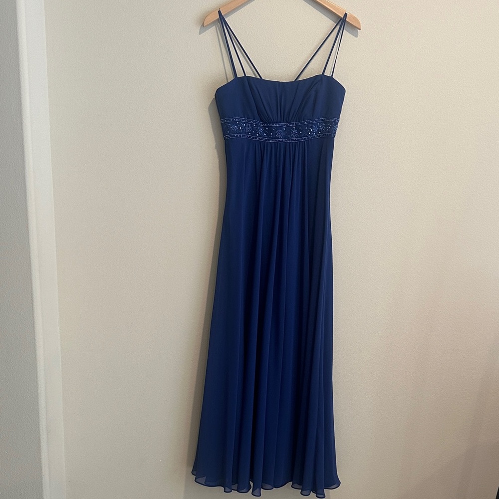 David's Bridal Cobalt Blue Spaghetti Strap Chiffon Dress with Beaded Empire
